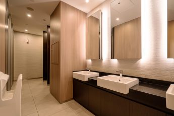 Hotel bathroom with modern architectural style paper towels hand dryer