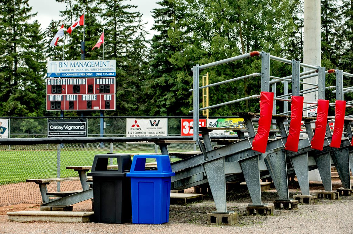 Recycling and Garbage Cans at a Baseball Stadium