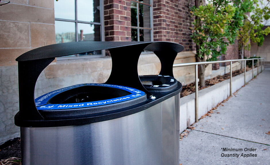 Busch Systems stainless steel Boka double stream recycling and waste container with labels and canopy lid