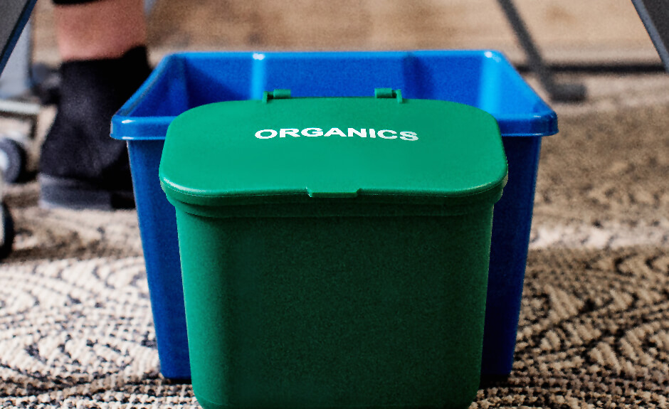 Busch Systems Deskside Recycler container in blue with green organics hanging waste basket attached