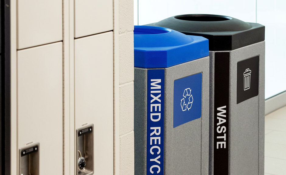 Busch Systems Octo Series Indoor Waste and Recycling Containers in high school hallway