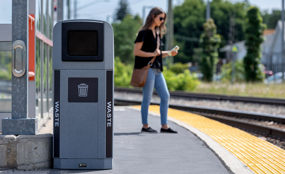 Busch Systems Octo Series Outdoor Waste Container at train station