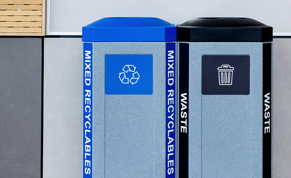 Busch Systems Octo Series Indoor Waste and Recycling Containers in high school hallway