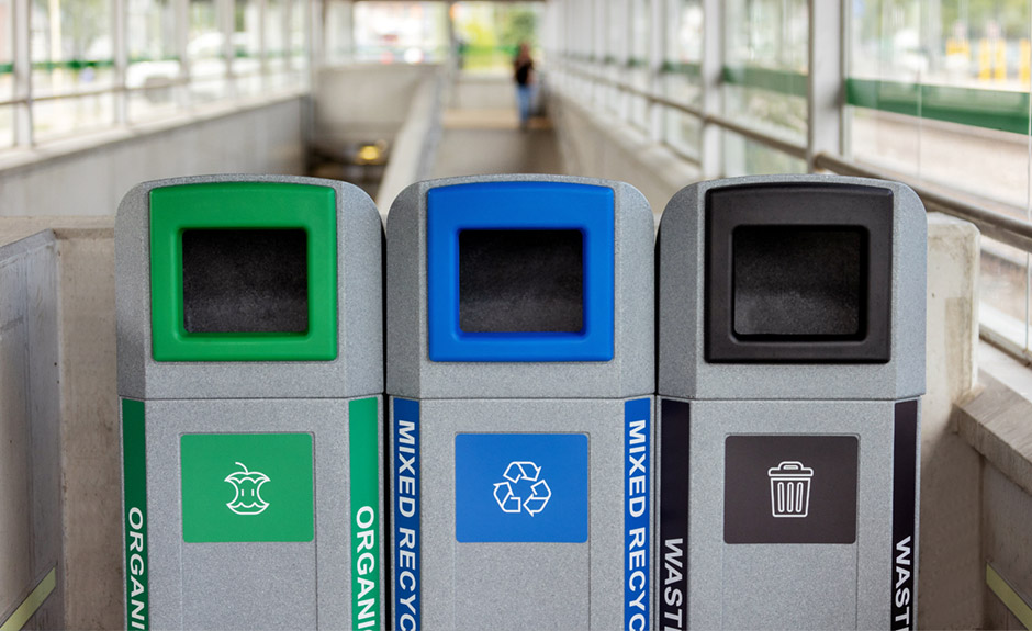 Busch Systems Octo Series Outdoor Waste Recycling and Organics Containers in train station