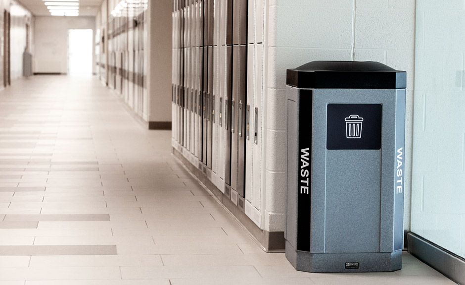 Busch Systems Octo Series Indoor Waste Container in high school hallway