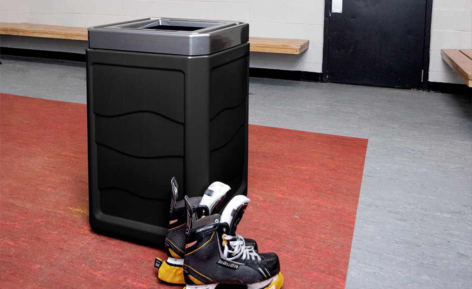Busch Systems Outlaw Series indoor waste bin at hockey arena