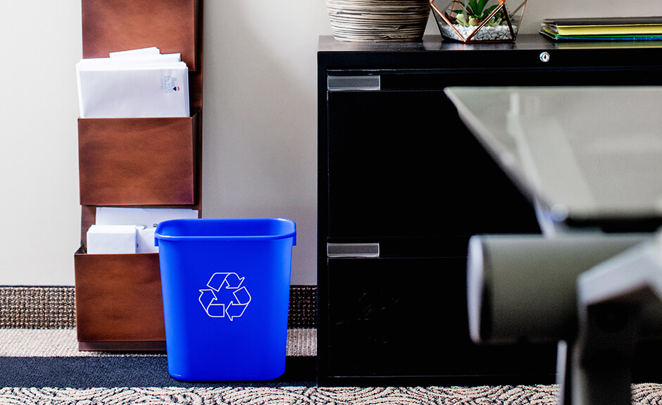 Busch Systems blue Recycling and Waste basket with mobius loop symbol