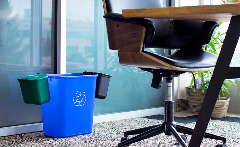 Busch Systems blue Recycling basket with black hanging waste basket and green organics hanging basket attached