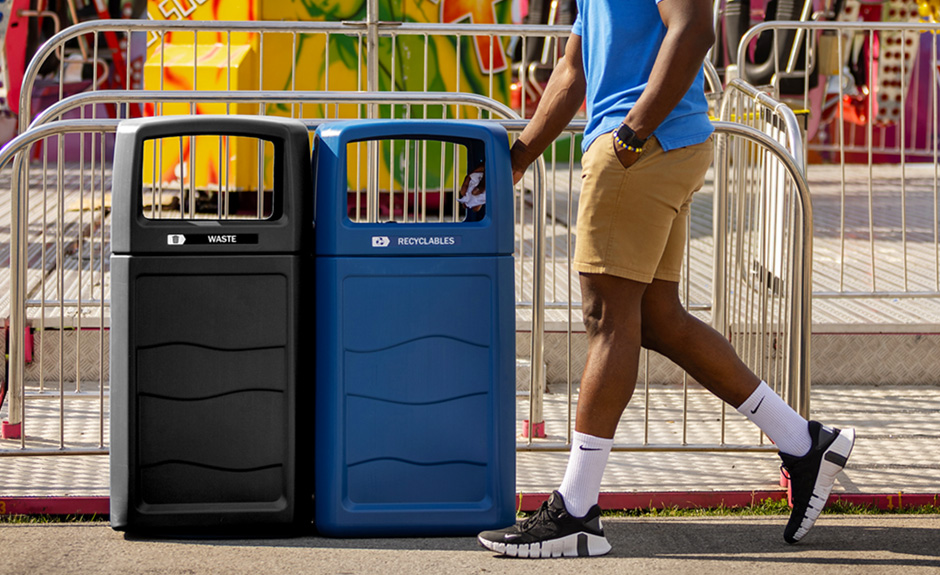 Busch Systems Renegade Series recycling and waste bins at outdoor amusements