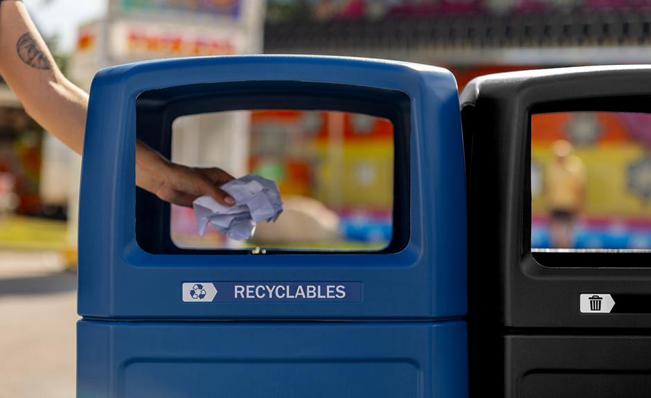 Busch Systems Renegade Series recycling and waste bins at outdoor amusements