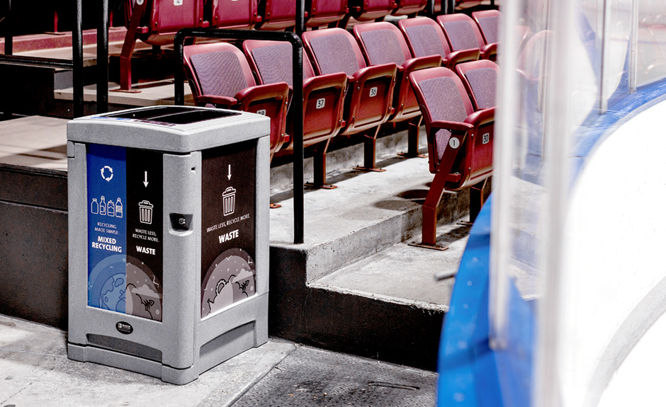 Busch Systems Expression double stream indoor recycling and waste container at hockey arena