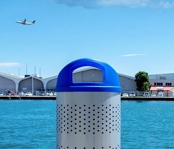 Busch Systems Portland single container with blue dome lid at waterfront