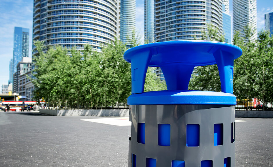 Busch Systems Vancouver single stream container with blue liner and blue canopy lid
