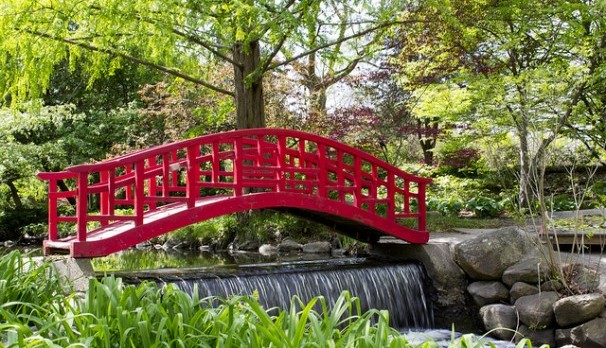 recycling garden bridge with waterfall