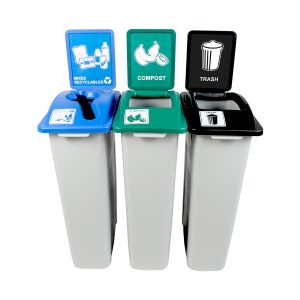 WASTE WATCHER - Triple - Kit - Vermont Compliant - Mixed Recyclables-Compost-Trash - Mixed-Full - Grey-Blue-Green-Black