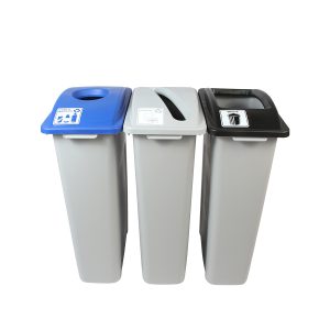 WASTE WATCHER - Triple - Kit - Cans & Bottles-Paper-Waste - Circle-Slot-Full - Grey-Blue-Grey-Black