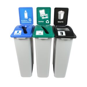 WASTE WATCHER - Triple - Kit - Oregon Compliant - Plastic Containers-Paper-Waste - Mixed-Slot-Full - Grey-Blue-Green-Black