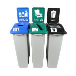 WASTE WATCHER - Triple - Kit - Pennsylvania Compliant - Cans & Bottles-Paper-Trash - Circle-Slot-Full - Grey-Blue-Green-Black