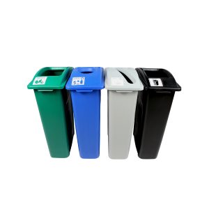 WASTE WATCHER - Quad - Kit - Cans & Bottles-Paper-Organics-Waste - Circle-Slot-Full - Blue-Grey-Green-Black