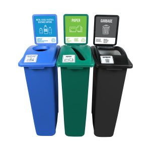 WASTE WATCHER - Triple - Kit - Nyc Compliant - Metal, Glass, Plastic & Beverage Containers-Paper-Garbage - Circle-Slot-Full - Blue-Green-Black