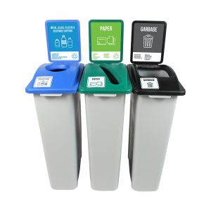 WASTE WATCHER - Triple - Kit - Nyc Compliant - Metal, Glass, Plastic & Beverage Containers-Paper-Garbage - Circle-Slot-Full - Grey-Blue-Green-Black