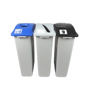WASTE WATCHER - Triple - Kit - Cans & Bottles-Paper-Waste - Circle-Slot-Solid Lift - Grey-Blue-Grey-Black