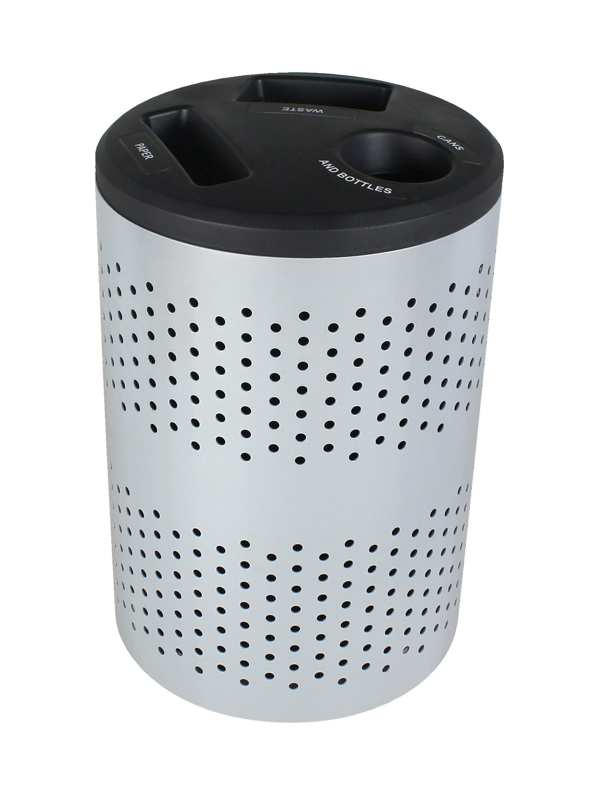 PORTLAND – Triple – Cans & Bottles-Paper-Waste – Circle-Slot-Full – Silver-Black