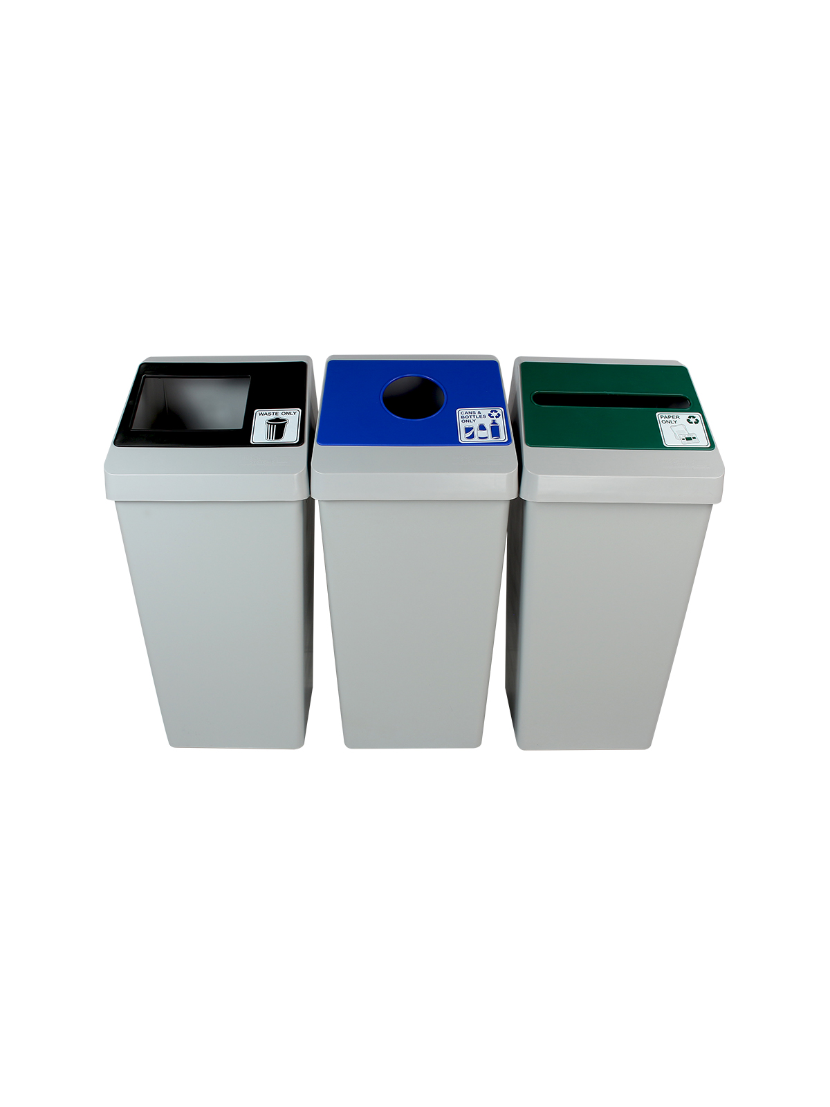 SMART SORT – Triple – Kit – Cans & Bottles-Paper-Waste – Circle-Slot-Full – Grey-Blue-Green-Black