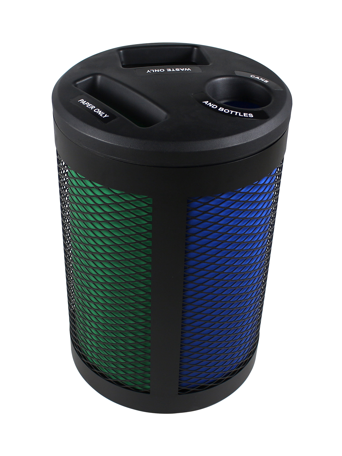 TORONTO – Triple – Cans & Bottles-Paper-Waste – Circle-Slot-Full – Black-Blue-Green