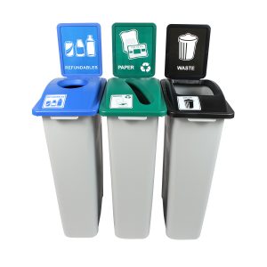 WASTE WATCHER - Triple - Kit - Newfoundland & Labrador Compliant - Refundables-Paper-Waste - Circle-Slot-Full - Grey-Blue-Green-Black