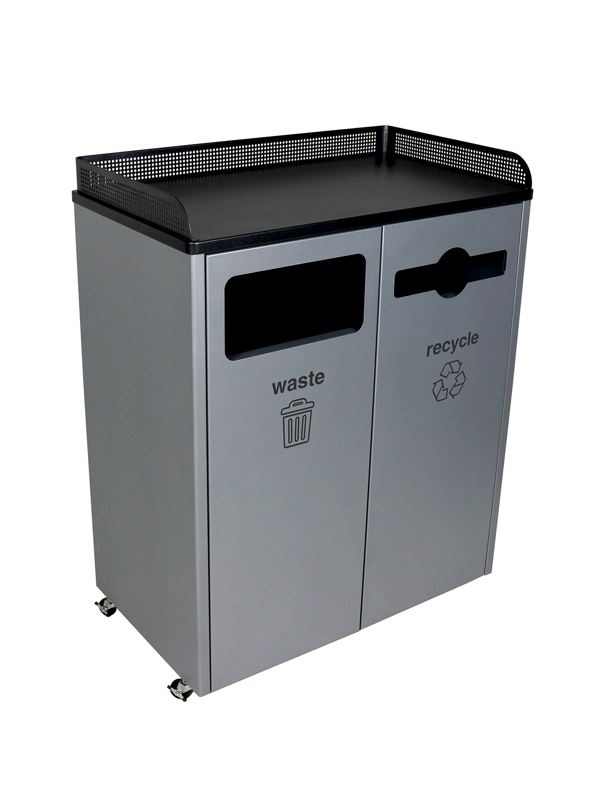 Busch Systems Courtside double stream container for waste and recycling collection with labels and tray storage