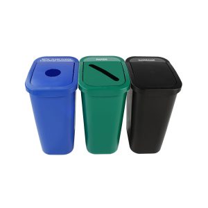 BILLI BOX - Triple - Kit - Nyc Compliant - Metal, Glass, Plastic & Beverage Containers-Paper-Garbage - Circle-Slot-Swing - Blue-Green-Black