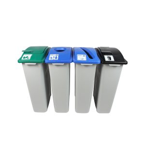 WASTE WATCHER - Quad - Kit - Cans & Bottles-Paper-Organics-Waste - Circle-Slot-Solid Lift-Solid Lift - Grey-Blue-Blue-Green-Black