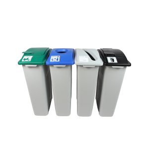 WASTE WATCHER - Quad - Kit - Cans & Bottles-Paper-Organics-Waste - Circle-Slot-Solid Lift-Solid Lift - Grey-Blue-Grey-Green-Black