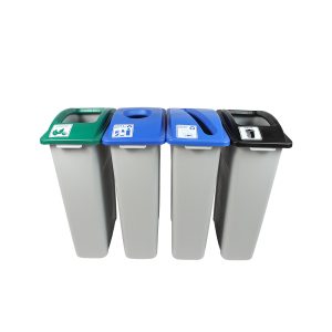 WASTE WATCHER - Quad - Kit - Cans & Bottles-Paper-Organics-Waste - Circle-Slot-Full - Grey-Blue-Blue-Green-Black