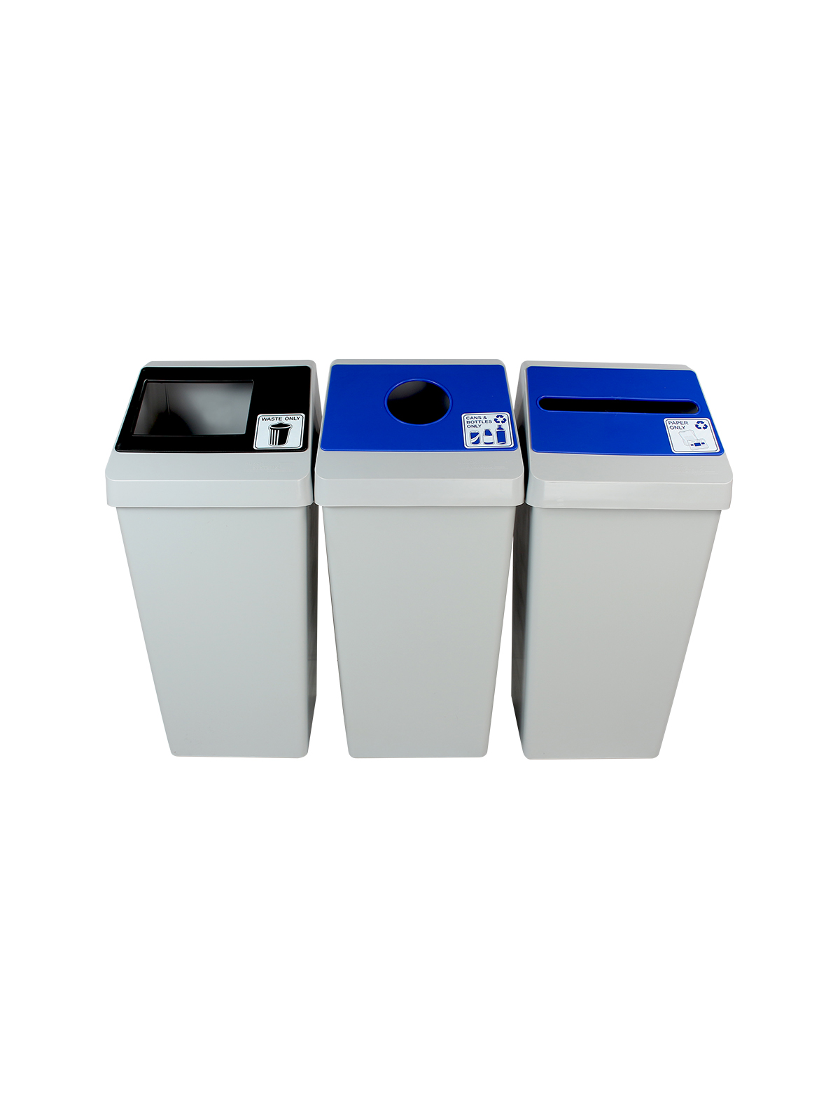 SMART SORT – Triple – Kit – Cans & Bottles-Paper-Waste – Circle-Slot-Full – Grey-Blue-Blue-Black
