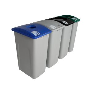 WASTE WATCHER - Quad - Kit - Xl - Cans & Bottles-Paper-Organics-Waste - Circle-Slot-Full - Grey-Blue-Grey-Green-Black