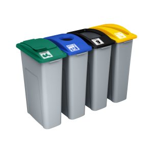 WASTE WATCHER - Quad - Kit - Organics-Cans & Bottles-Landfill-Mixed Paper - Solid Lift-Circle-Full-Slot - Grey-Green-Blue-Black-Yellow