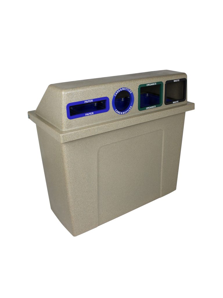 SUPER SORTER – Quad – Kit – Hd – Paper-Cans & Bottles-Organics-Waste – Slot-Circle-Full-Full – Sandstone-Blue-Blue-Green-Black