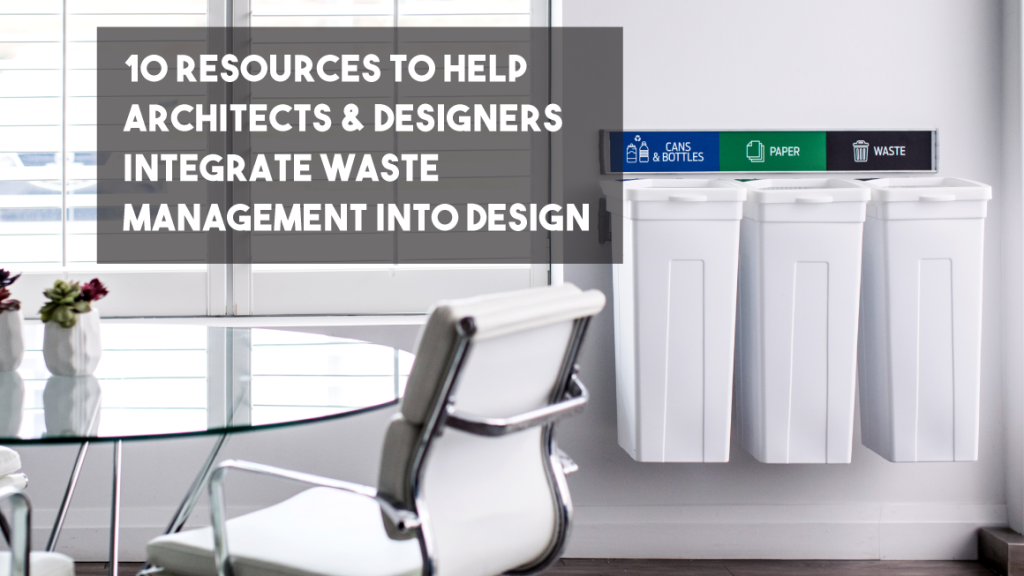 Modern office with three wall-mounted recycling bins labeled for cans, paper, and waste; text overlay present.