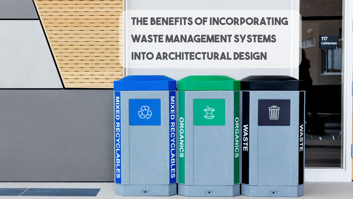 Three labeled waste bins for recyclables, organics, and waste stand beneath a sign about waste management in design.