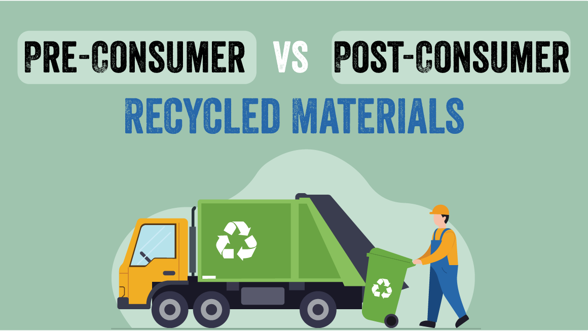 Illustration comparing pre-consumer vs post-consumer recycled materials with a recycling truck and worker.