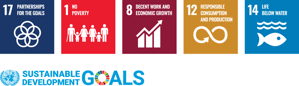 Five UN Sustainable Development Goals icons, including no poverty, growth, consumption, water, and partnerships.