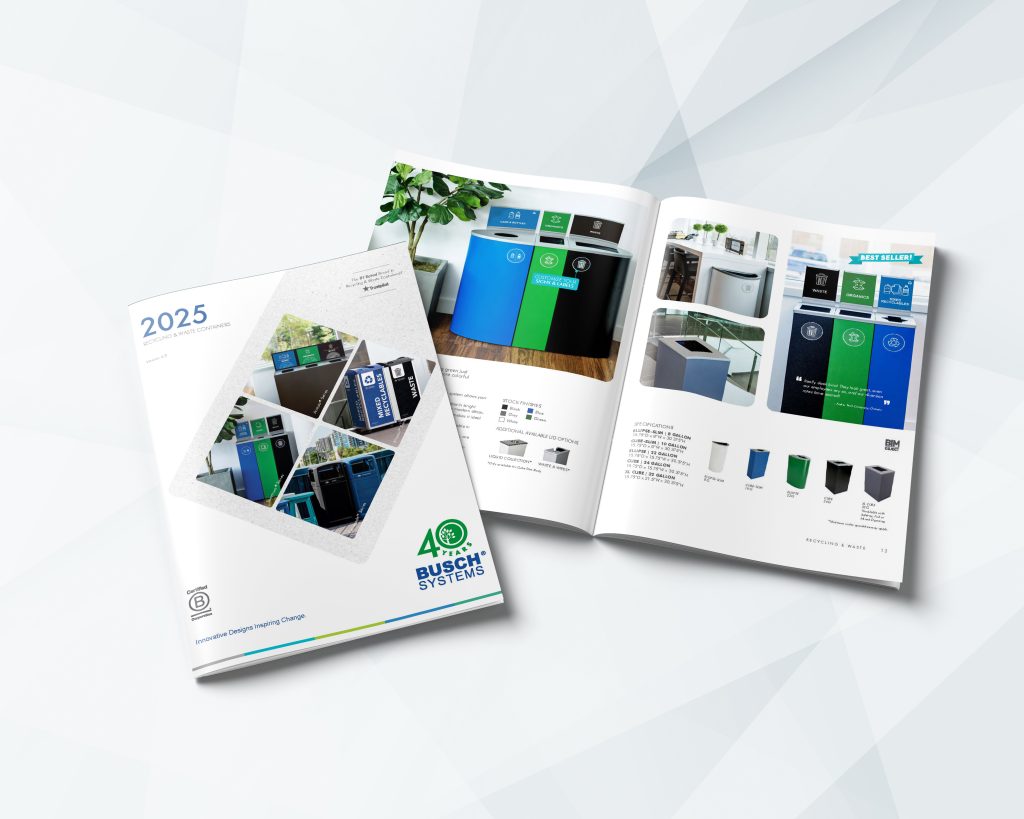 Two catalogs featuring recycling bins are displayed, one open to product pages and one closed showing the cover.