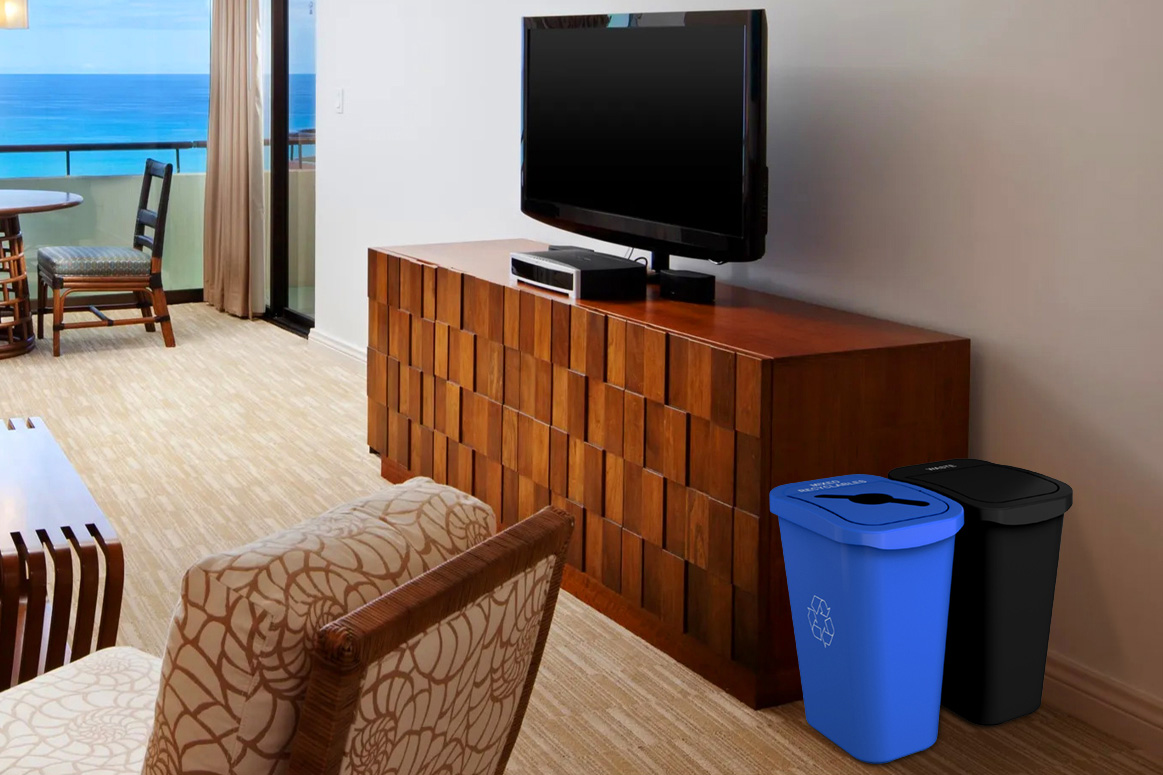 A living room with a TV on a wooden cabinet, a patterned armchair, a dining area by a window with an ocean view, and blue recycling and black trash bins next to the cabinet.