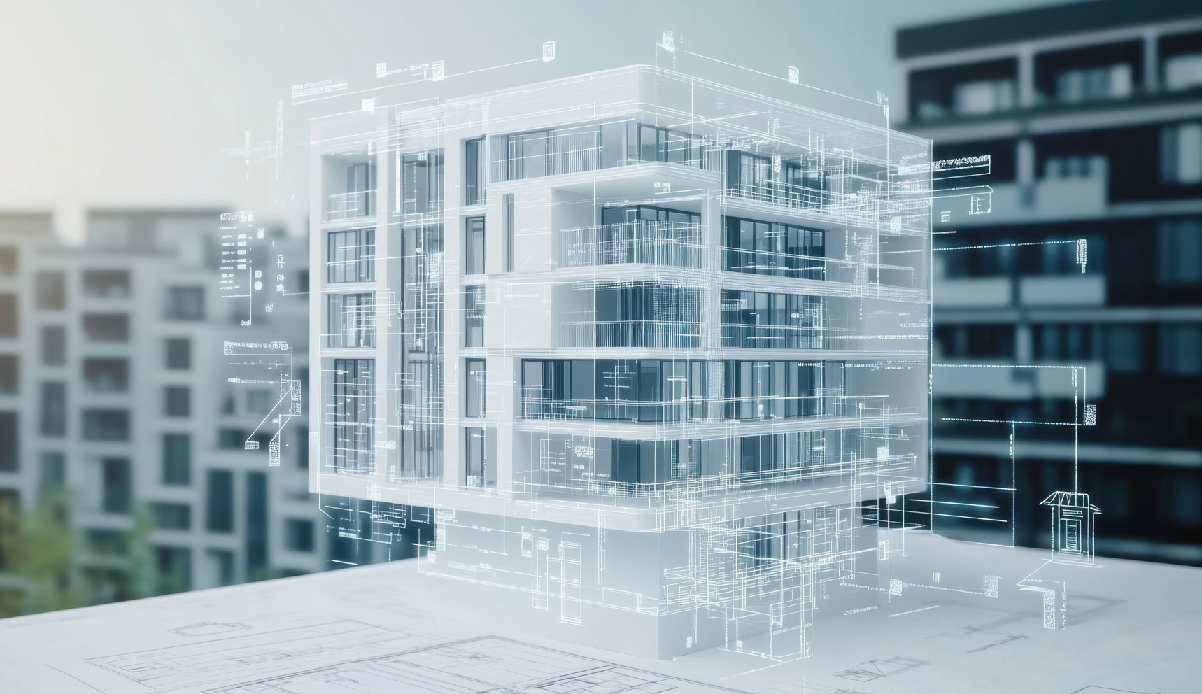 A digital rendering of a modern building with architectural blueprints and schematics overlaid.