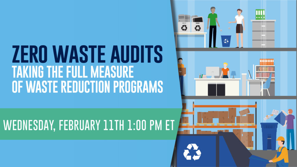 Zero Waste Webinar title beside graphic of people recycling in an office setting