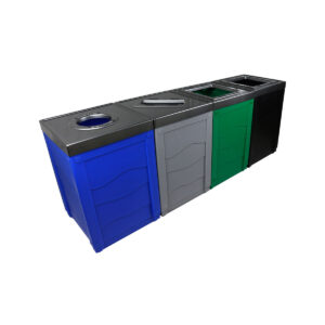EVOLVE - Quad - Cans & Bottles-Paper-Organics-Waste - Full-Circle-Slot-Full - Blue-Grey-Green-Black
