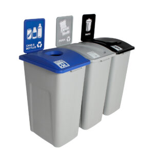 WASTE WATCHER - Triple - Kit - Xl - Cans & Bottles-Paper-Waste - Circle-Slot-Solid Lift - Grey-Blue-Grey-Black