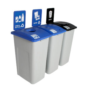 WASTE WATCHER - Triple - Kit - Xl - Cans & Bottles-Paper-Waste - Circle-Slot-Solid Lift - Grey-Blue-Blue-Black